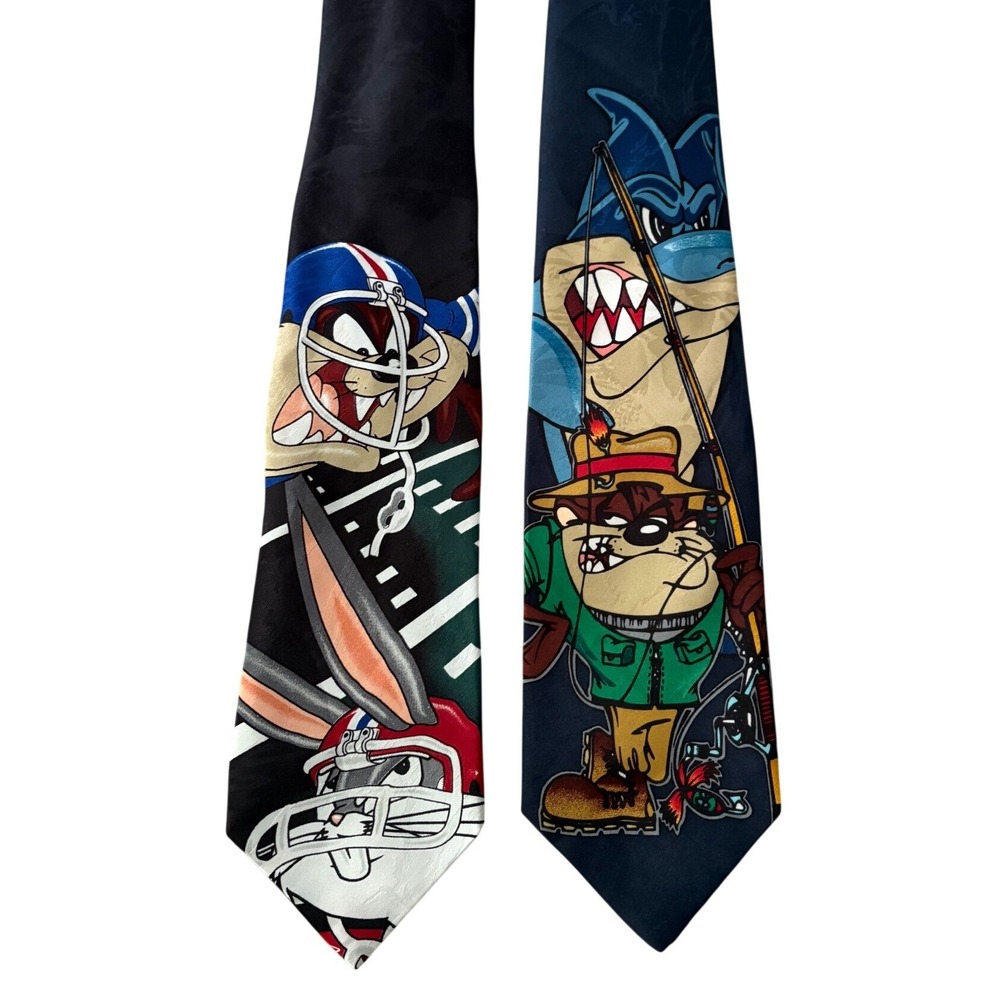 VTG 1996 Looney Tunes Tie Lot 2pc Taz Bugs‎ Bunny Football Fishing Novelty Ties